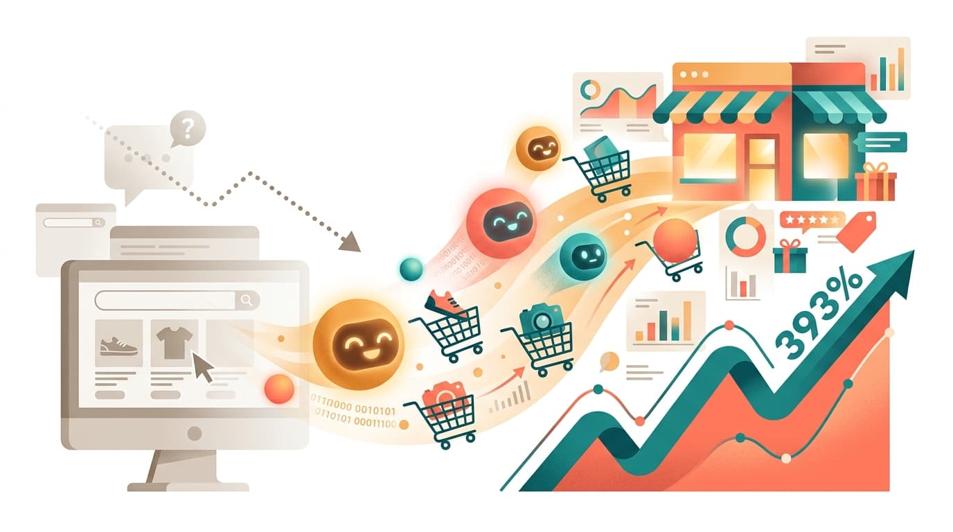 エージェンティックコマースの概念図:AIエージェントが小売サイトを巡回し購買を支援する